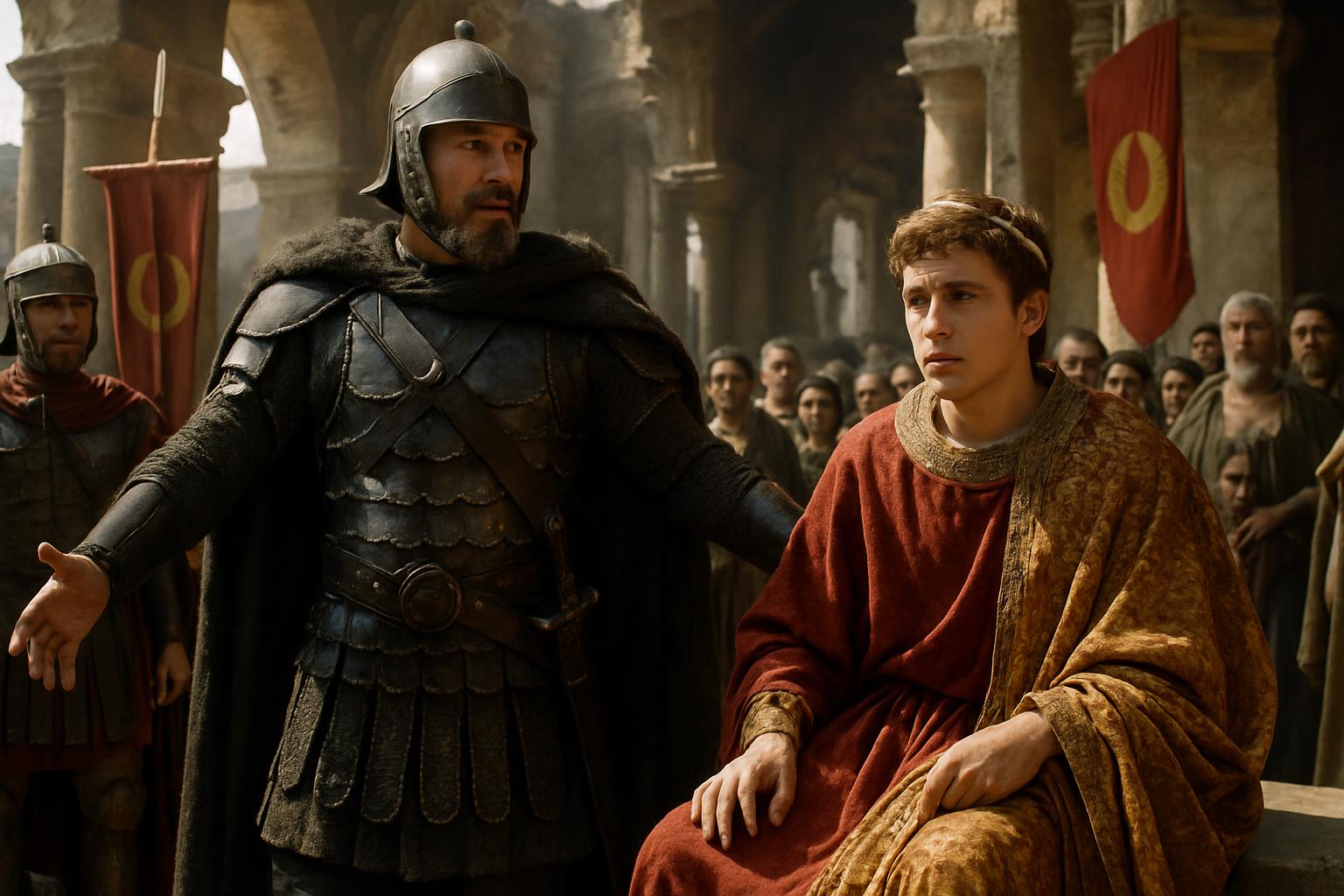 A helmeted general in dark armour stands gesturing beside a young man in a red and gold robe seated in a colonnaded hall, soldiers with crimson banners behind them