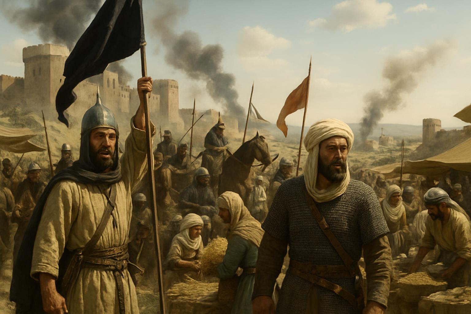 Armed men with a black banner and a red pennant stand before the walls of a desert town, a crowd and pack animals around them and smoke rising on the horizon