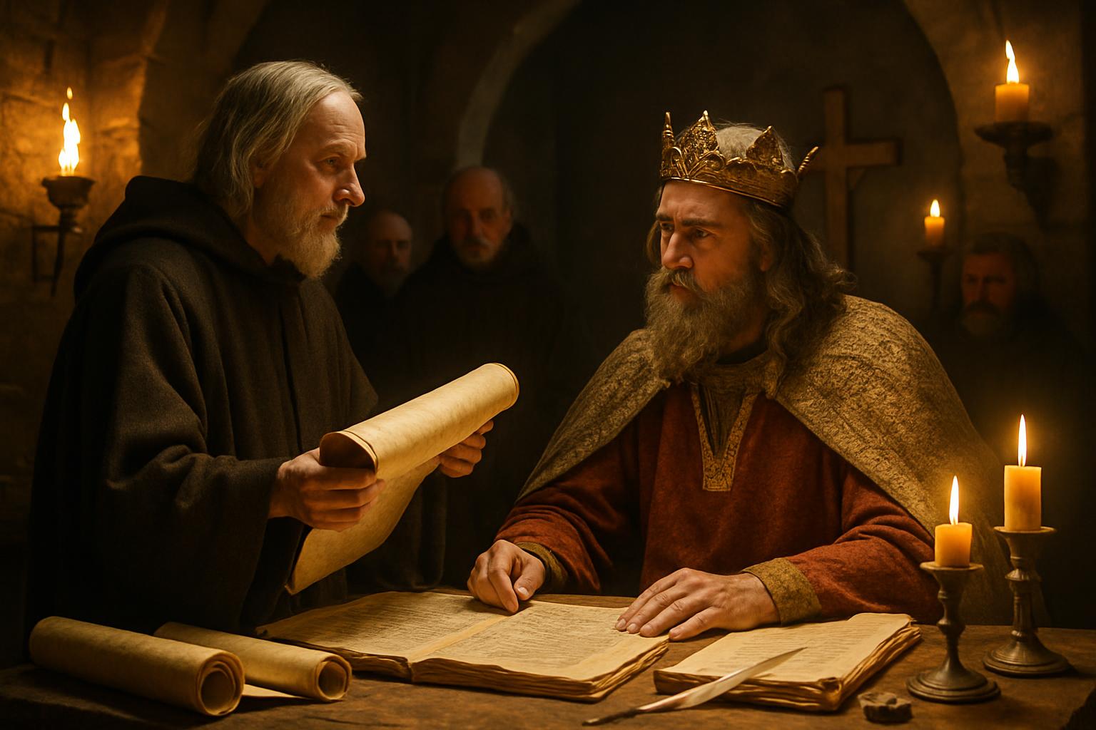 A robed monk holds an open scroll before a crowned king seated at a candlelit desk covered with manuscripts