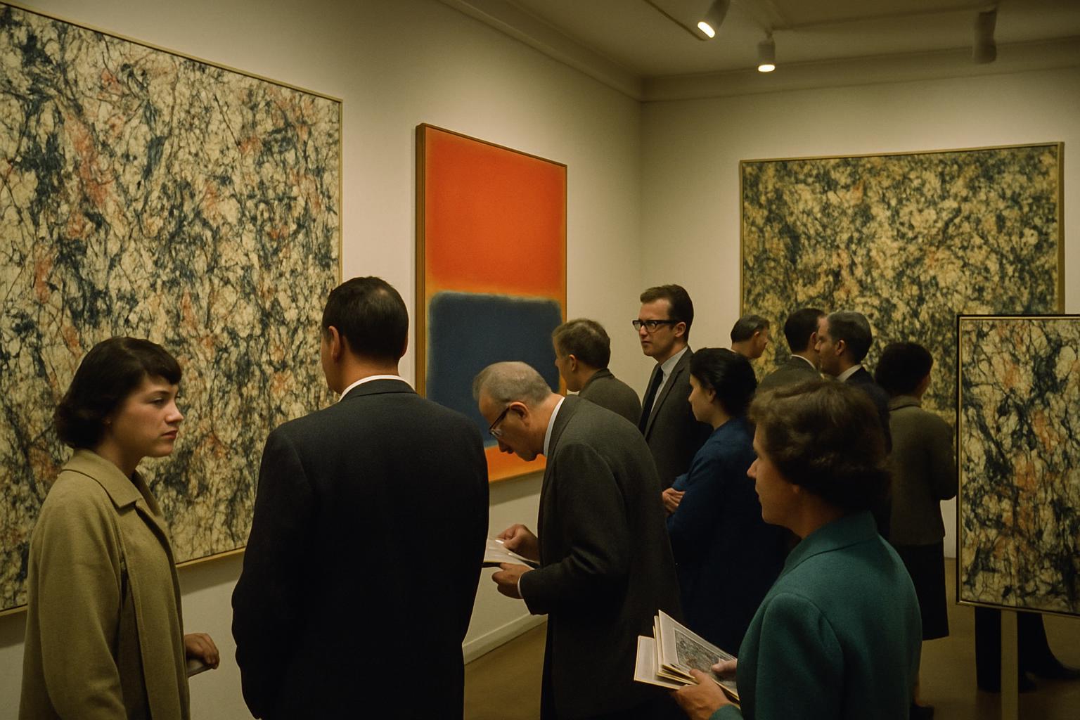 Visitors in mid-twentieth-century dress stand before large abstract canvases in a gallery, one a dense drip painting and one a plain field of orange and red