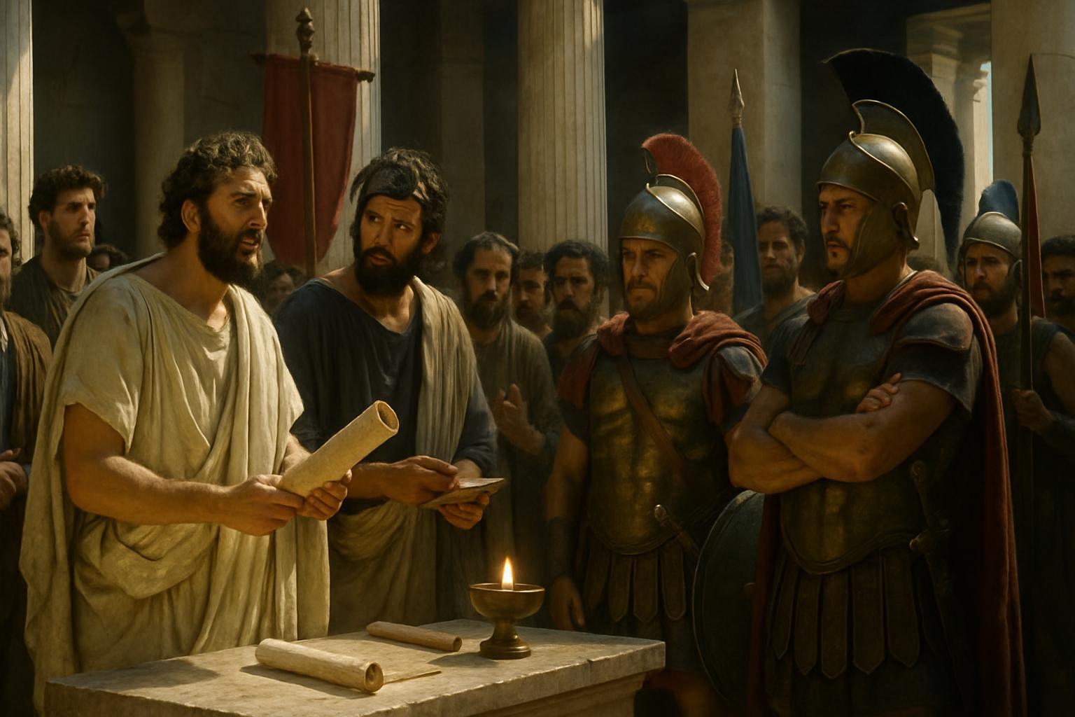 Men in himations hold out a scroll to armoured officers in crested helmets across a table, a small oil lamp burning between them