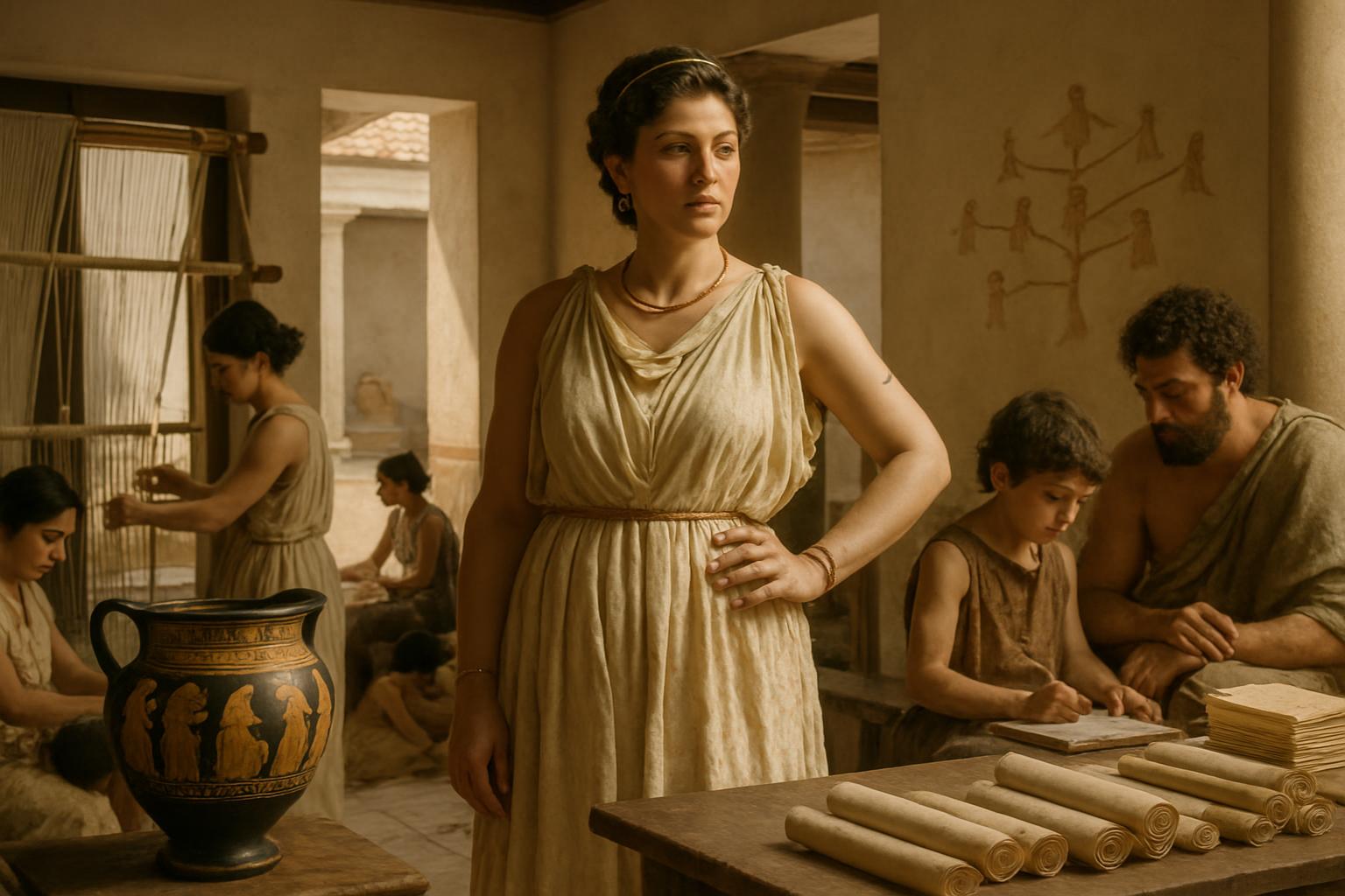 A woman in a pale chiton stands in the main room of a house while others work at an upright loom behind her and a man and boy write at a table