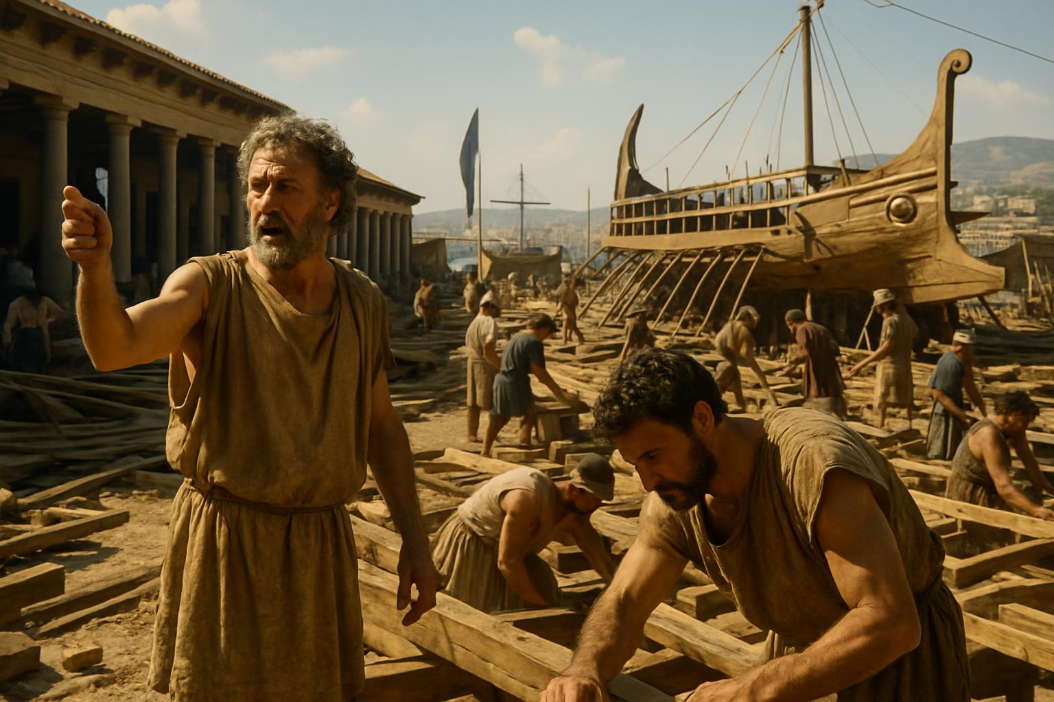 A bearded man in a workman's tunic points and shouts on a slipway while carpenters plane timbers beside the hull of a half-built warship