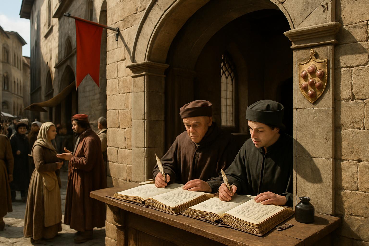 Two clerks in dark caps write in a ledger at a table set up outside a stone banking house, townspeople passing under a red banner