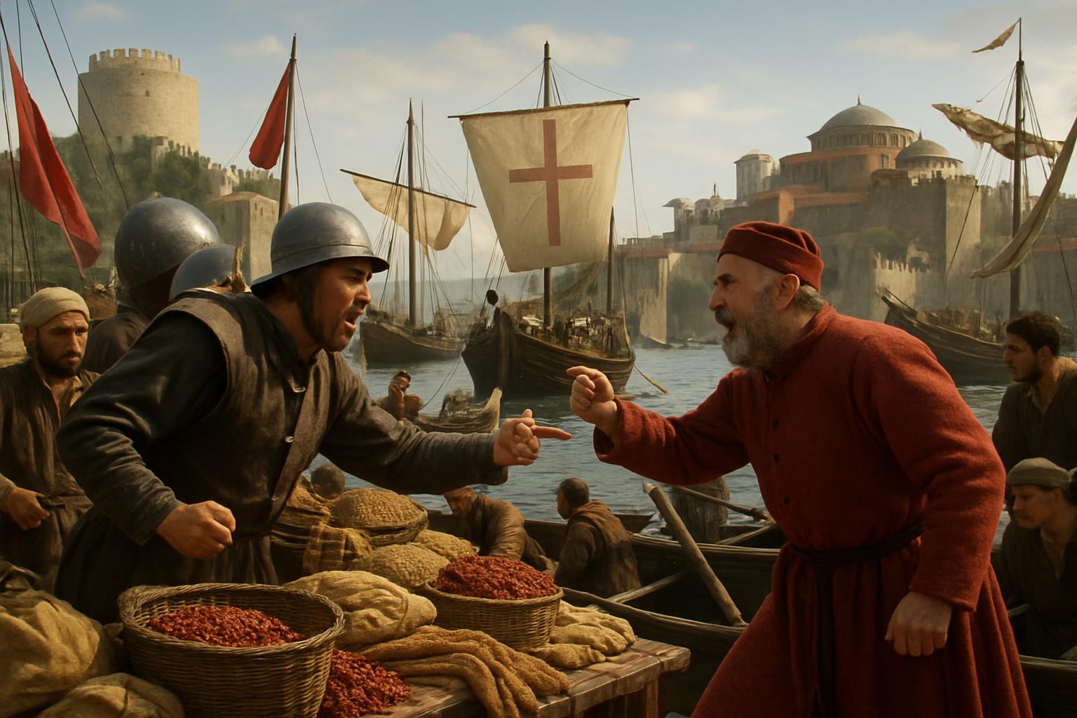 A helmeted soldier and a man in a red robe argue over baskets of grain and produce on a quayside, galleys and a domed city behind them