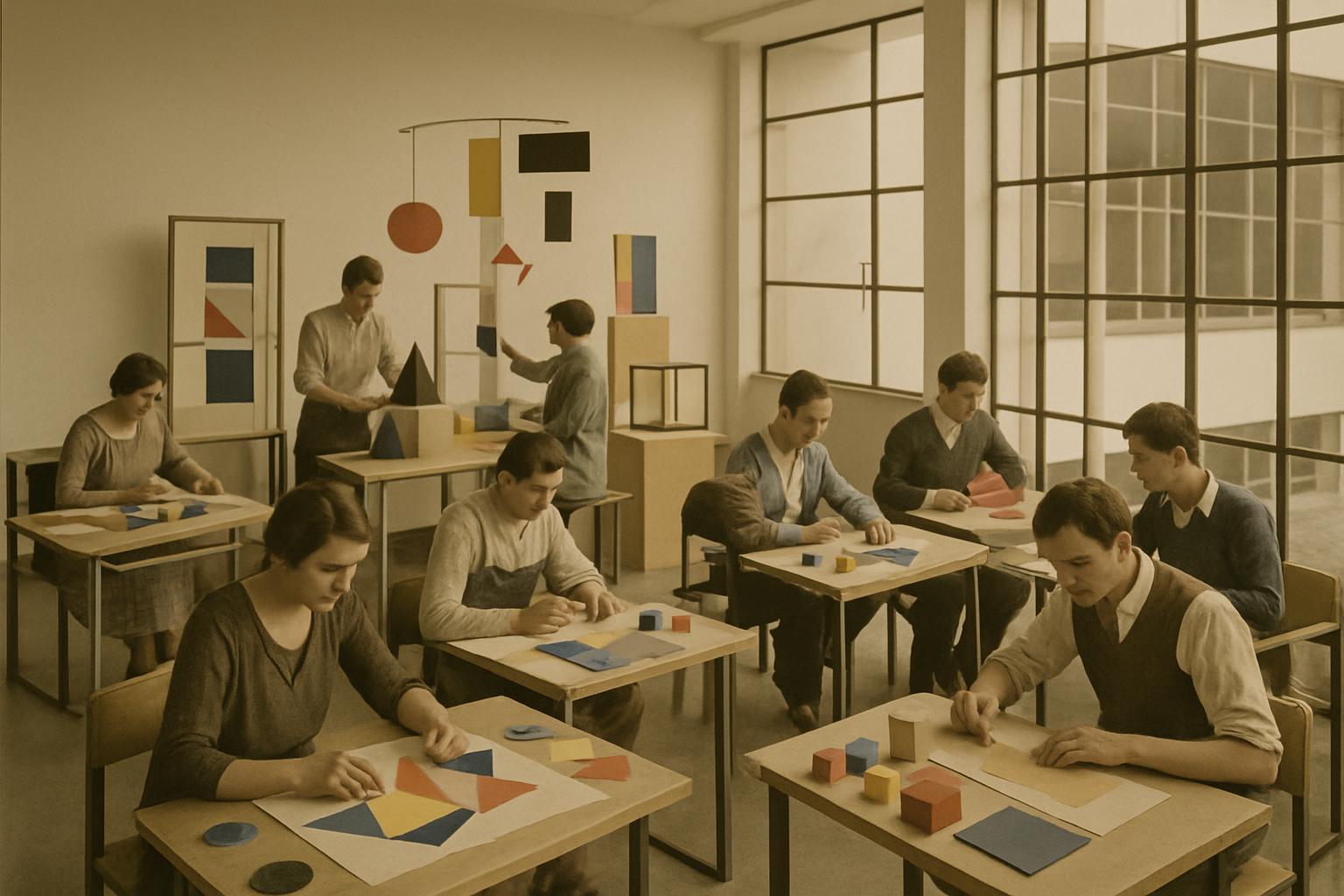 Students at long tables in a glass-walled studio arrange coloured squares of paper and card, geometric mobiles hanging above them