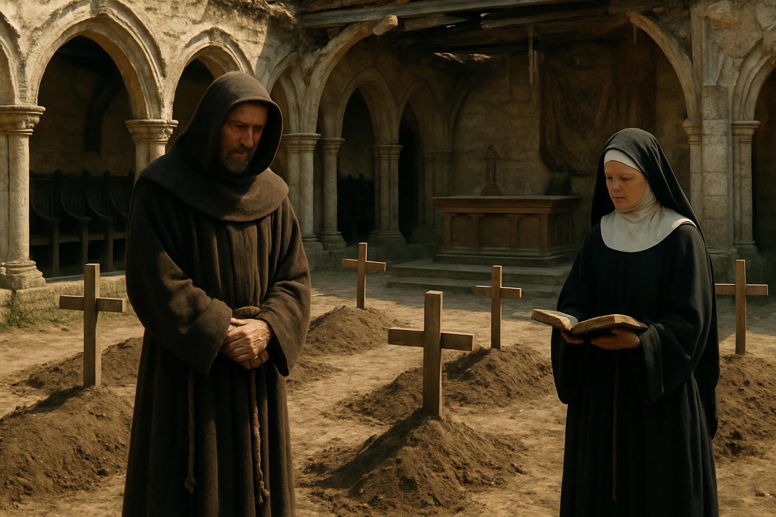 A monk and a nun stand in silence among rows of freshly dug graves marked with wooden crosses inside a cloister