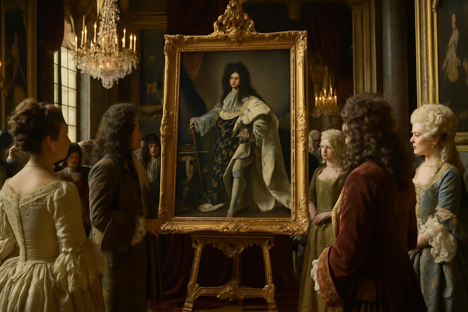Men and women in court dress gather around a large gilt-framed portrait of a king displayed on an easel in a chandeliered salon