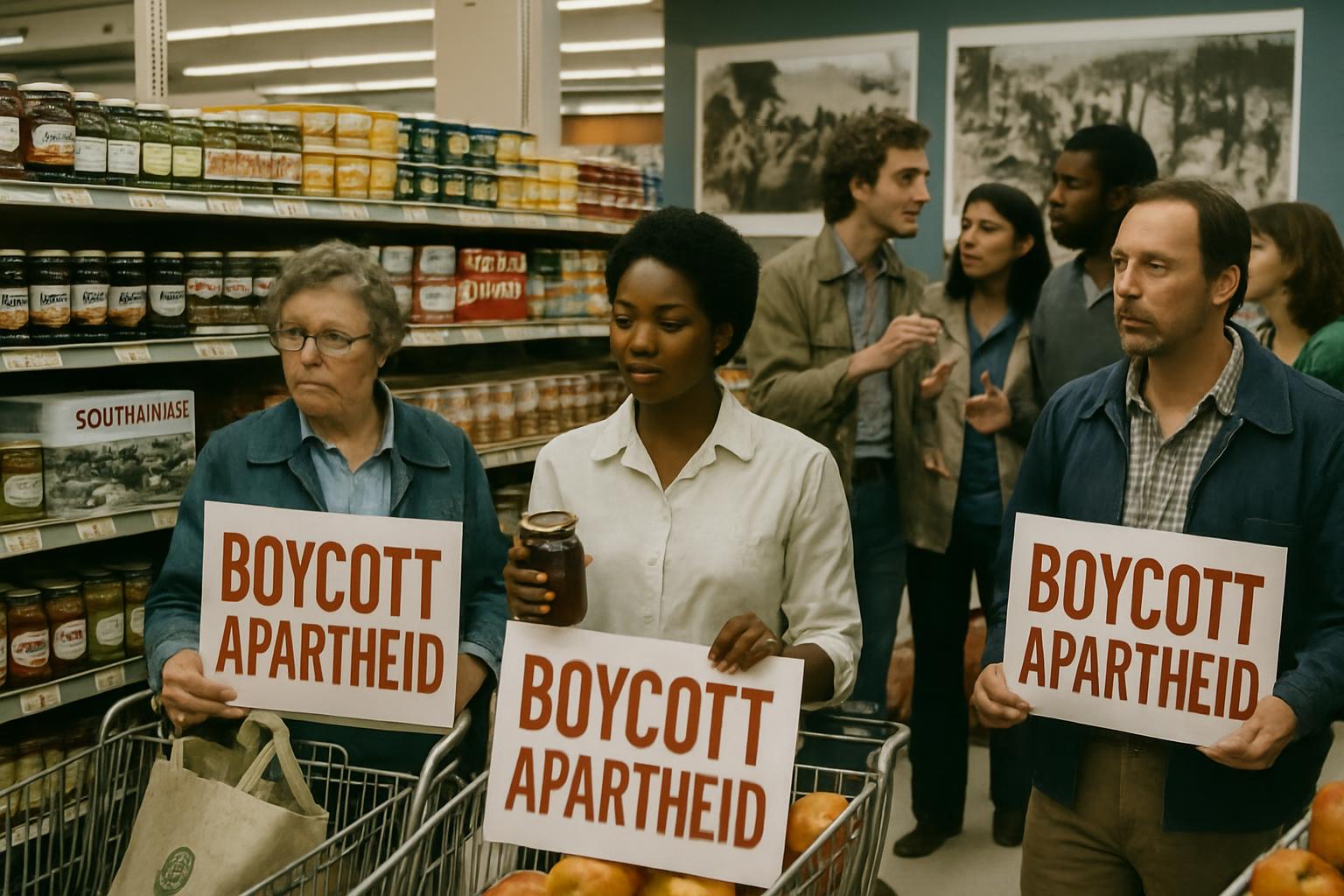Shoppers in a supermarket aisle hold placards reading Boycott Apartheid, one of them raising a jar taken from the shelf