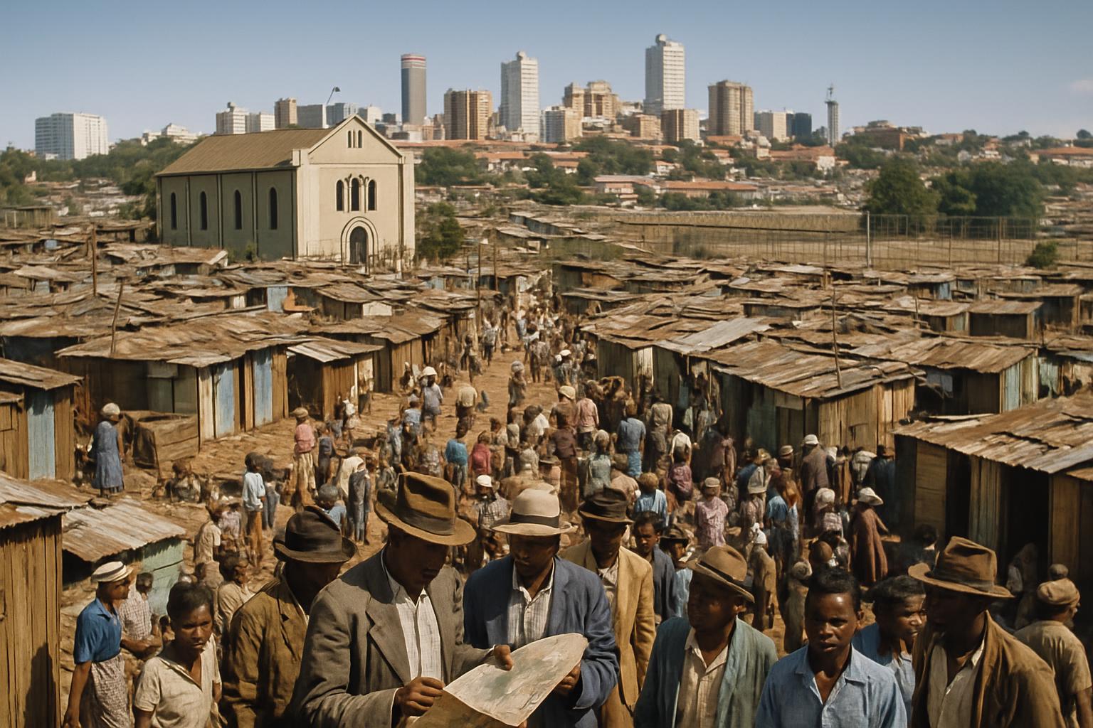 A dense settlement of tin-roofed shacks crowded with people in the foreground, with a modern city skyline of office towers on the horizon behind