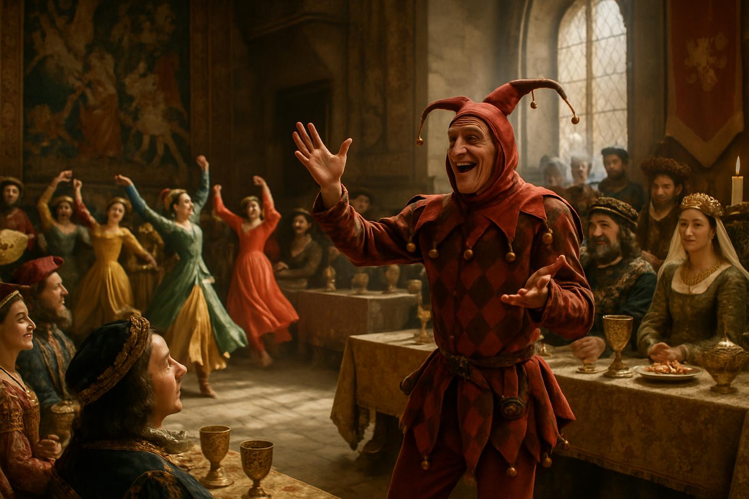 A jester in red and yellow motley gestures at a banqueting hall while dancers in bright gowns turn among seated guests
