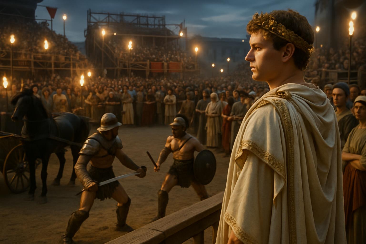 A young man in a laurel wreath and white robe watches from a raised box as two gladiators fight in the sand before a packed crowd