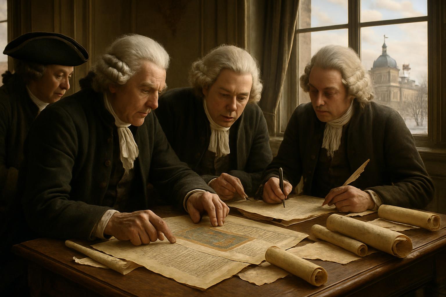 Four officials in wigs and dark coats lean over ledgers, maps and rolled documents spread across a table by a tall window