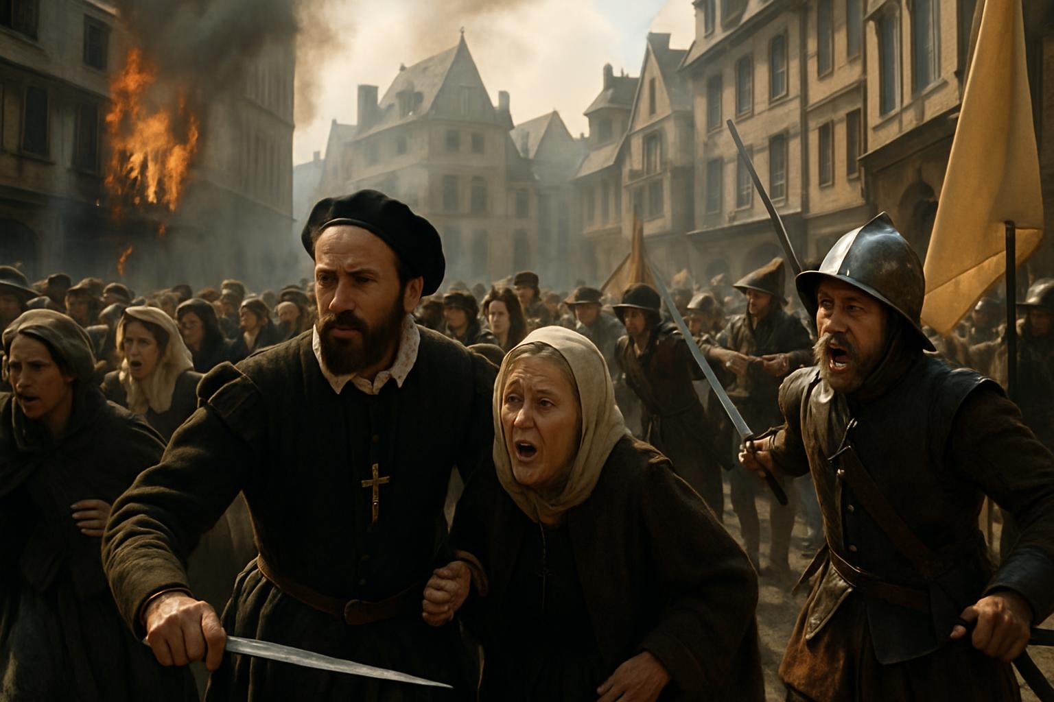 A woman in black with a widow's veil and a bearded man in a dark cap move through a panicking crowd while armed men close in and a house burns behind