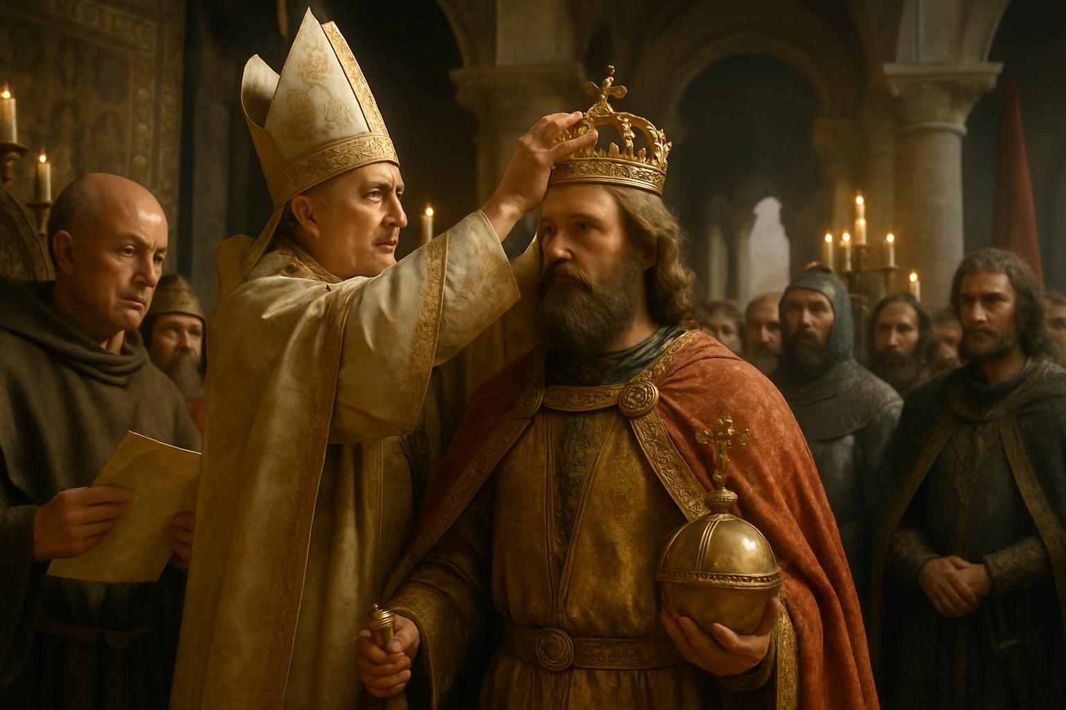 A bishop in a tall mitre lowers a crown onto the head of a bearded king holding an orb, clergy and armed men looking on