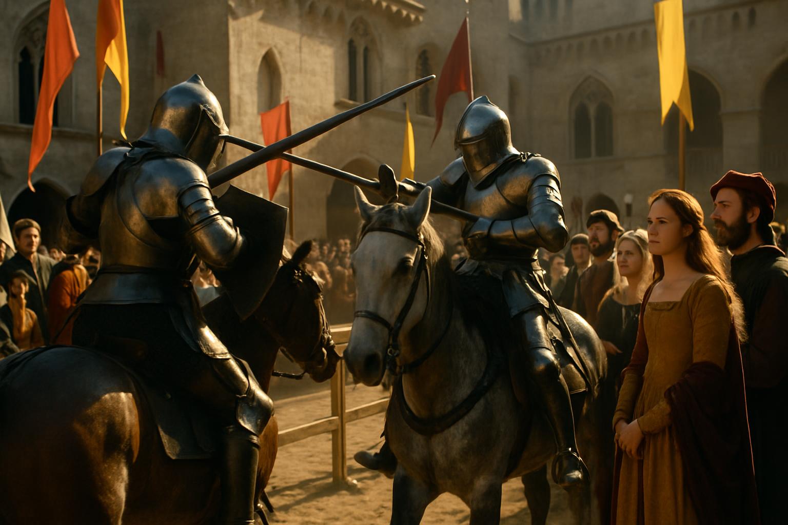 Two knights in full plate charge at each other with lances in a walled lists, banners overhead and spectators watching from the barrier