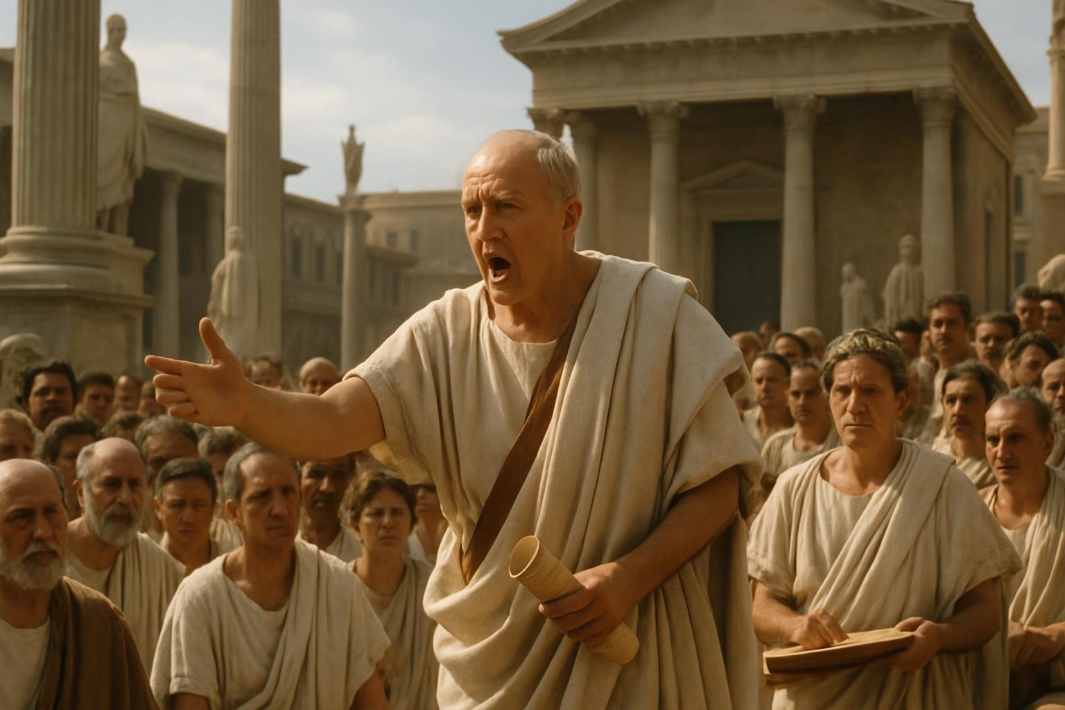 A bald, thickset man in a toga shouts and gestures before a crowd on the steps of a temple, scrolls in the hands of those listening