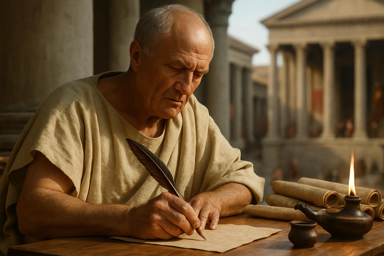 A bald man in a toga writes with a quill by the light of an oil lamp, sealed scrolls lying on the table beside him
