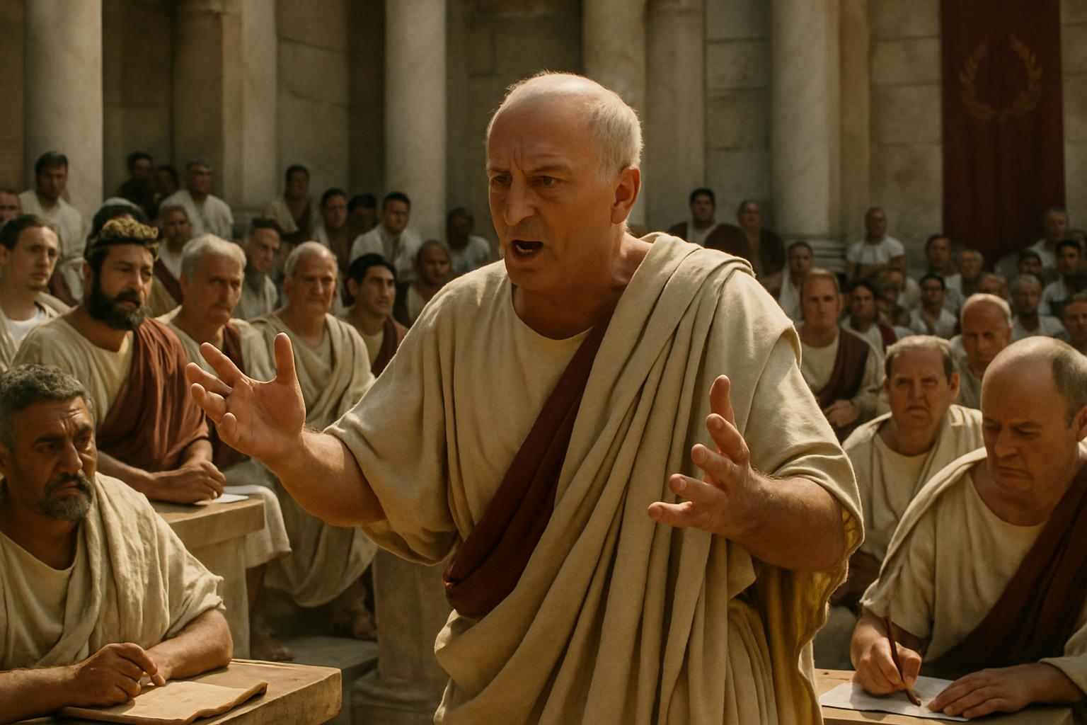 A man in a toga addresses a seated assembly with both hands raised, older men in bordered togas listening from benches