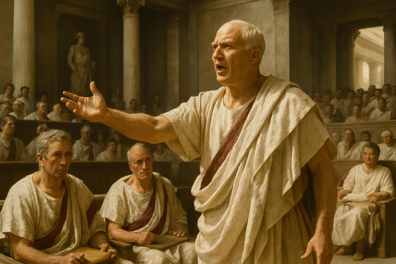 A man in a toga speaks with an outstretched hand in a marble hall while rows of seated senators listen