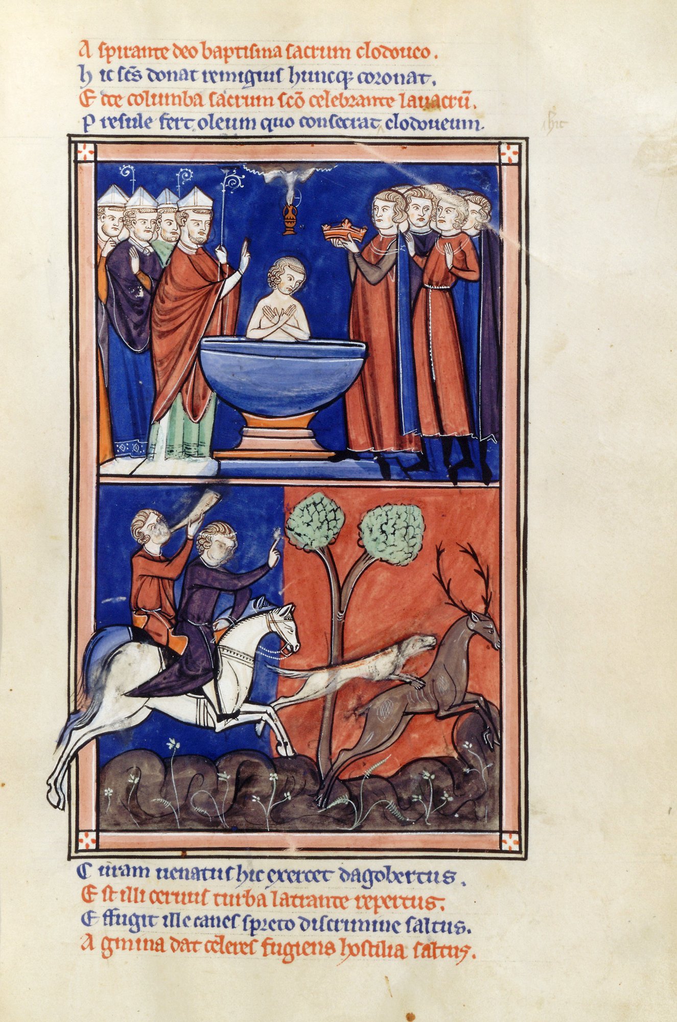 Medieval manuscript page in two painted panels, the upper showing a baptism in a font attended by clergy, the lower a mounted warrior in combat, with red rubricated text above and below