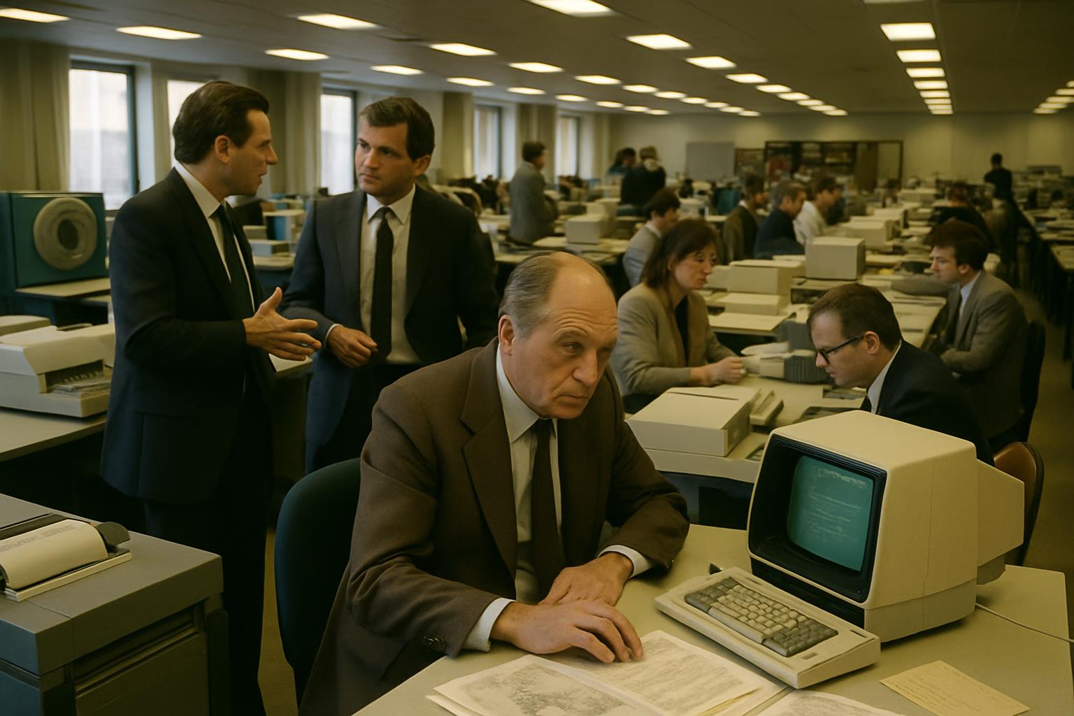 A large open-plan office of the early 1980s with rows of desks, beige terminals and men in suits gathered around a monitor
