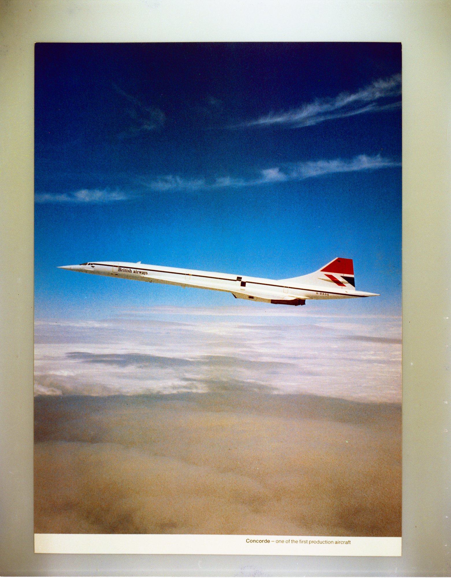 Poster-style painting of a white delta-winged airliner in flight above cloud, seen from slightly below against a blue sky