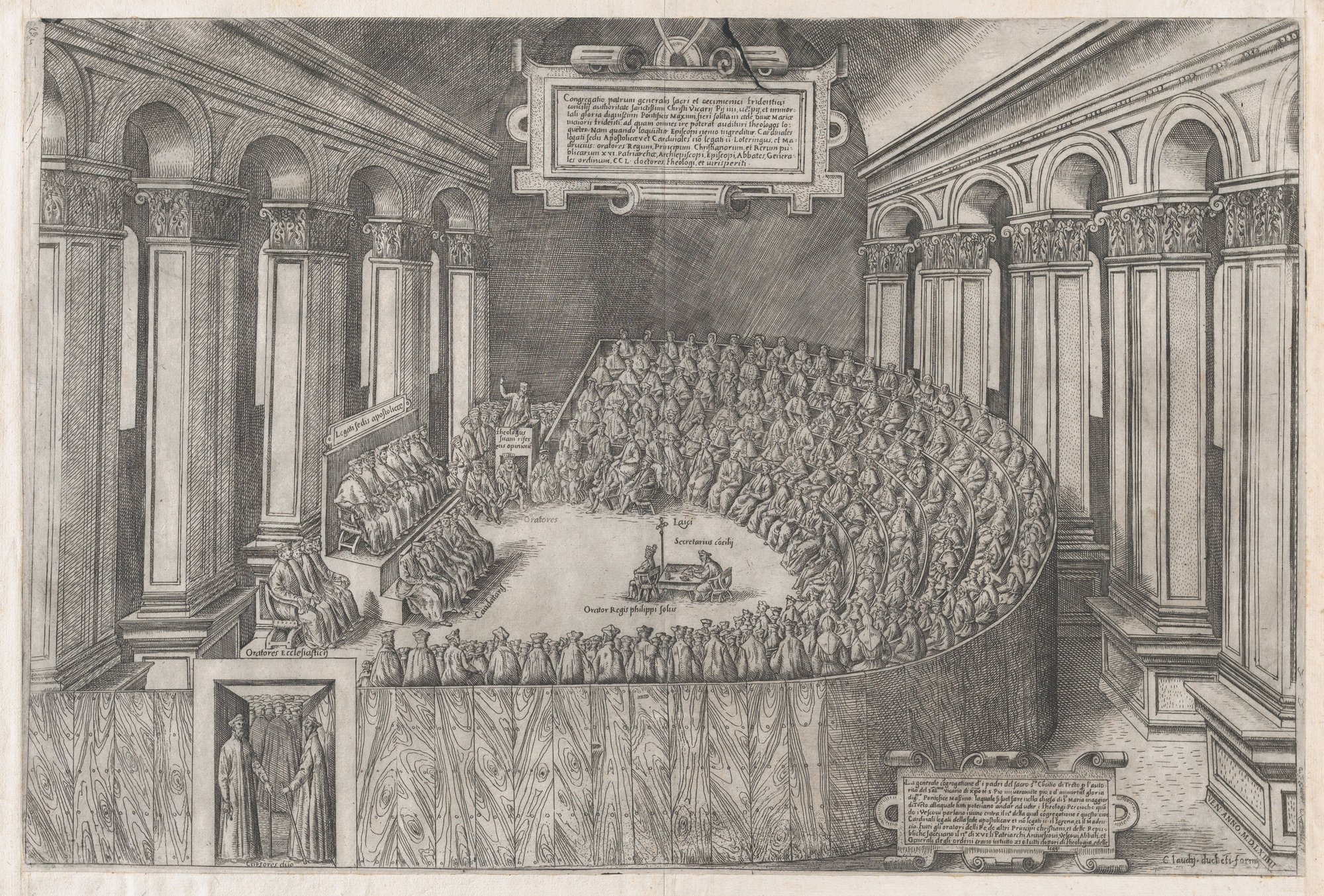 Engraved plan and interior view of a council chamber packed with rows of seated delegates around an oval floor, printed captions above and below