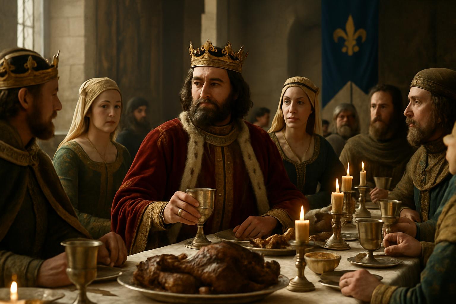 A crowned king raises a goblet at a candlelit high table crowded with dishes, other crowned figures and courtiers seated along its length