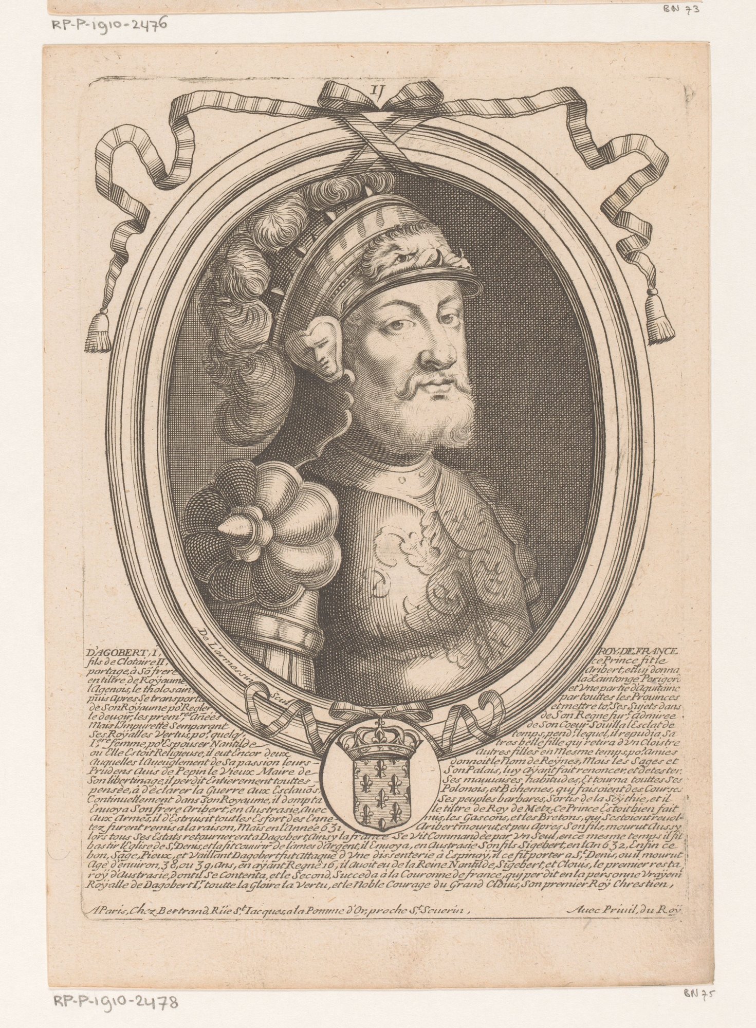 Engraved portrait of a crowned king in an oval frame decorated with ribbons and a coat of arms, printed caption beneath