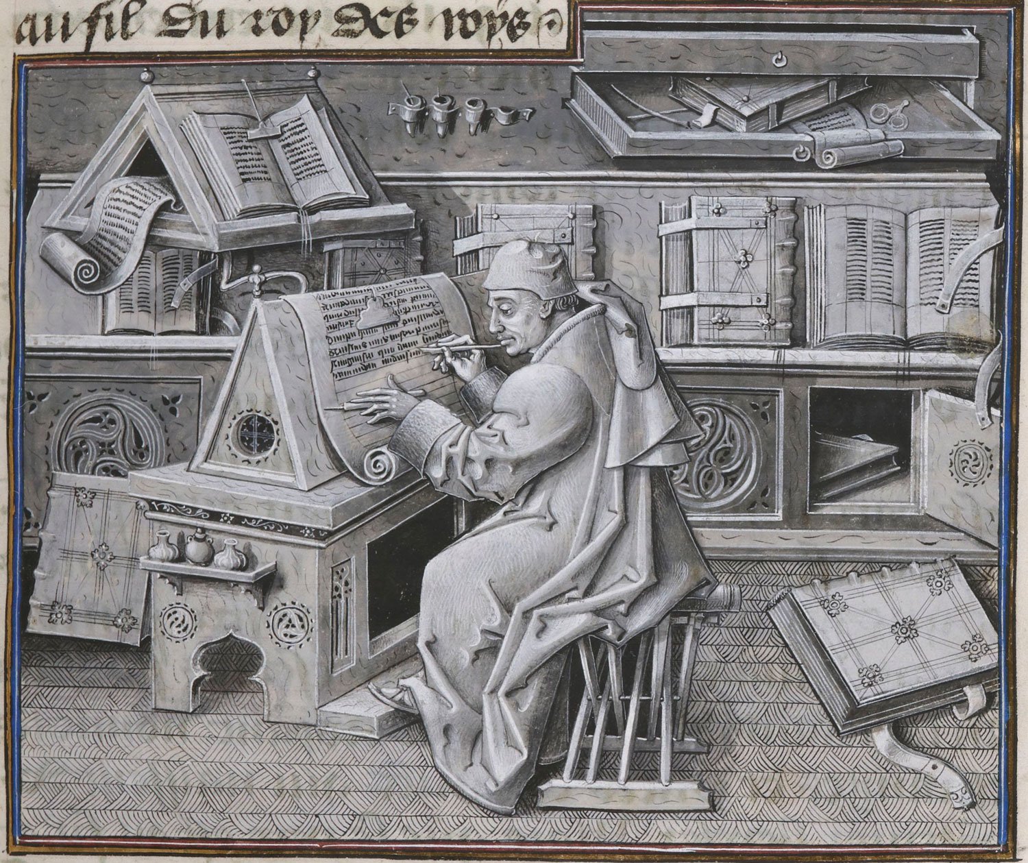 Medieval manuscript miniature in grey and blue of a tonsured scribe writing at a sloped desk, surrounded by shelves of open books and scrolls