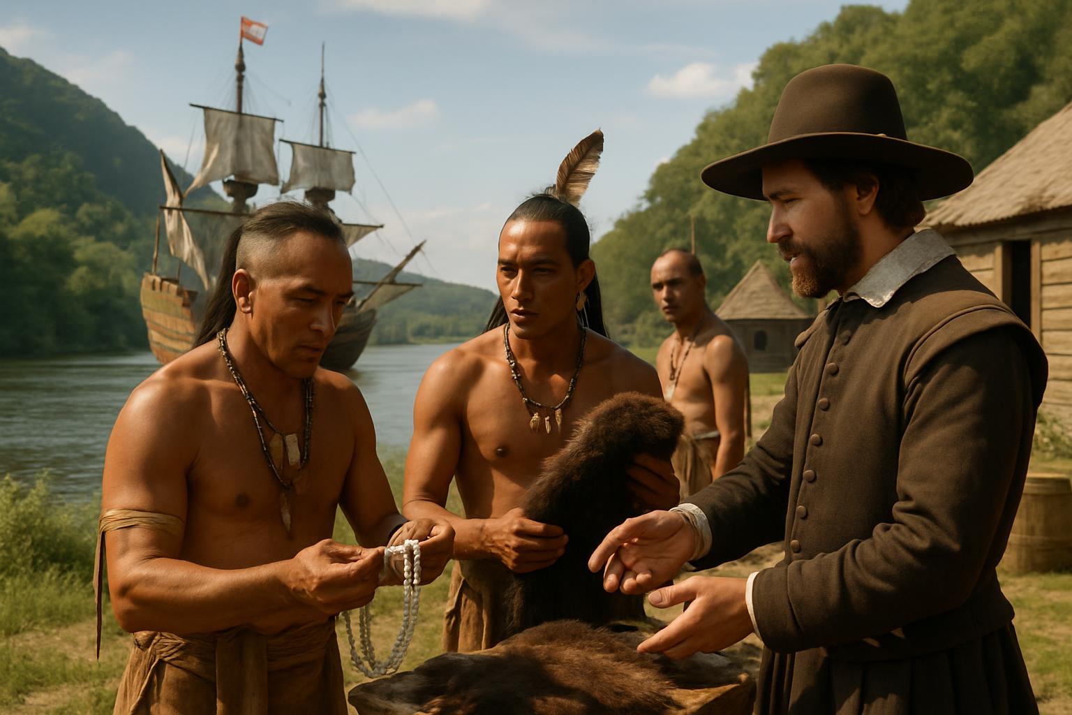 Two men with feathered hair stand on a riverbank handing beads and furs to a bearded man in a wide-brimmed hat, sailing ships anchored beyond
