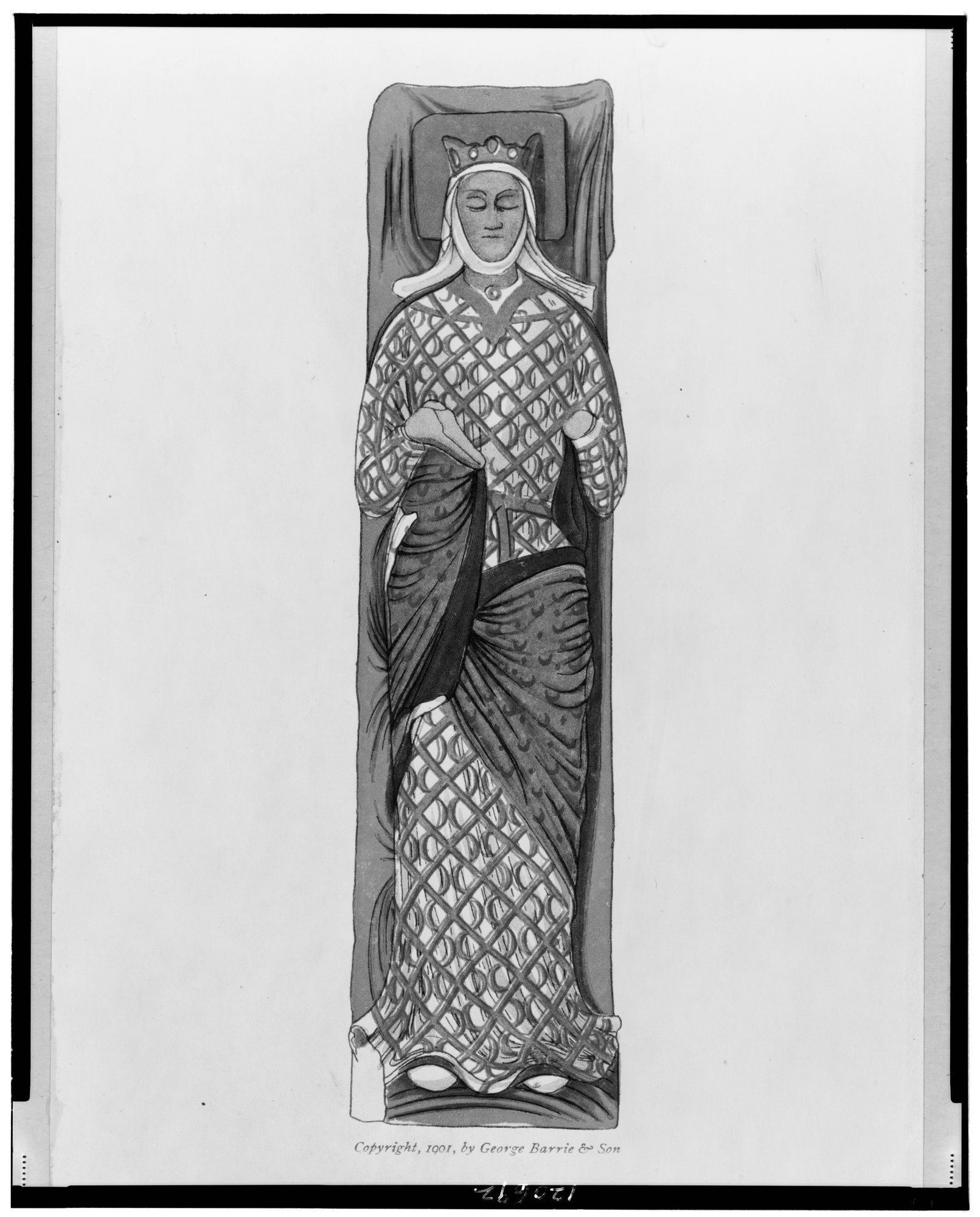 Photograph of a carved funerary slab showing a standing noblewoman in a patterned gown with her hands together