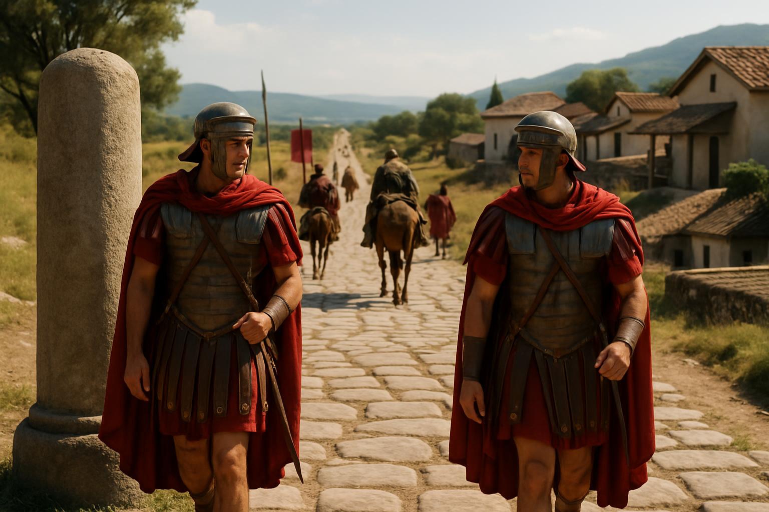 Two soldiers in armour and red cloaks walk down a paved road past a milestone, riders and a village behind them