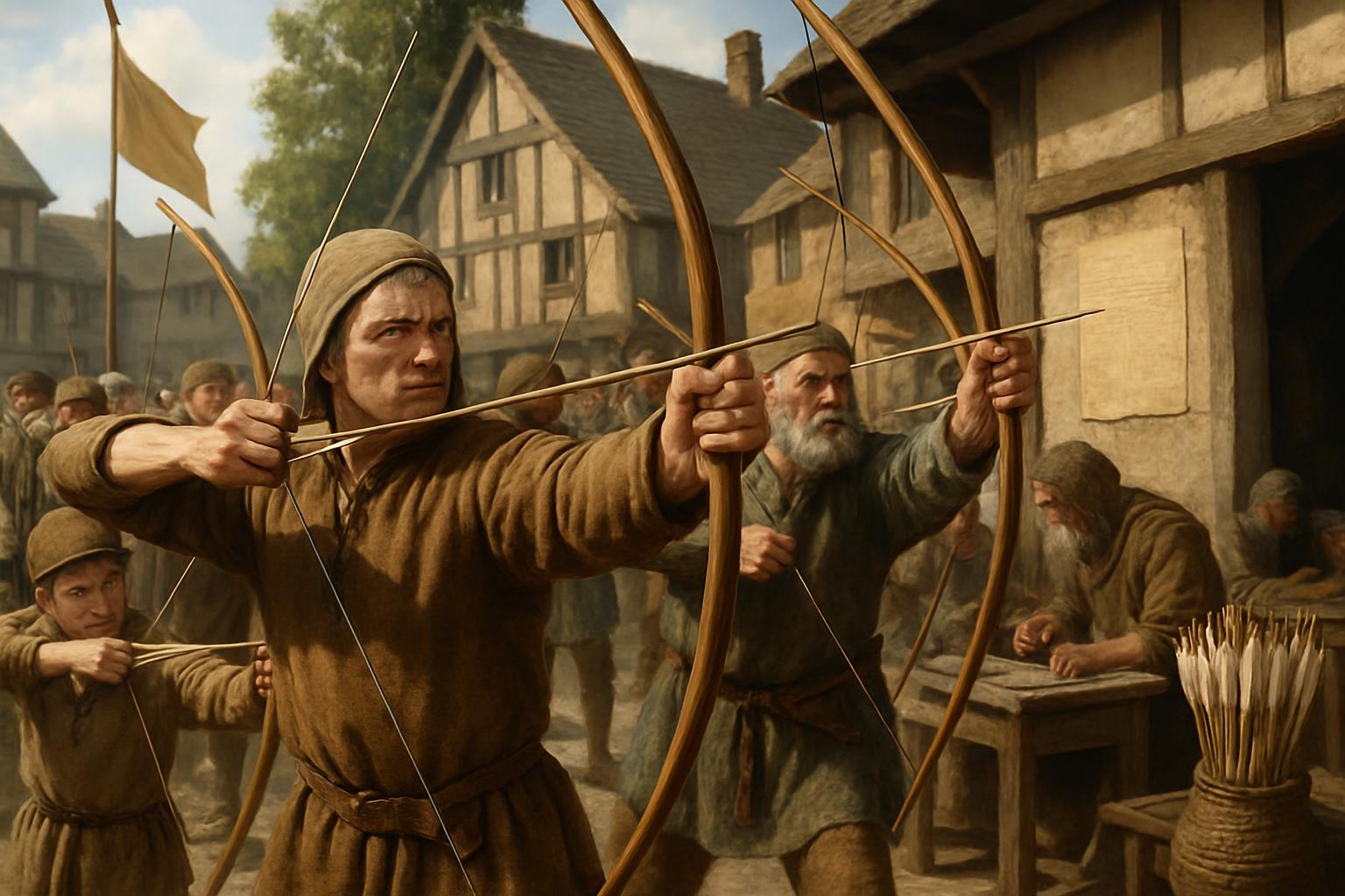 Bowmen draw longbows on a village green while a fletcher works at a table of arrow shafts under a yellow banner