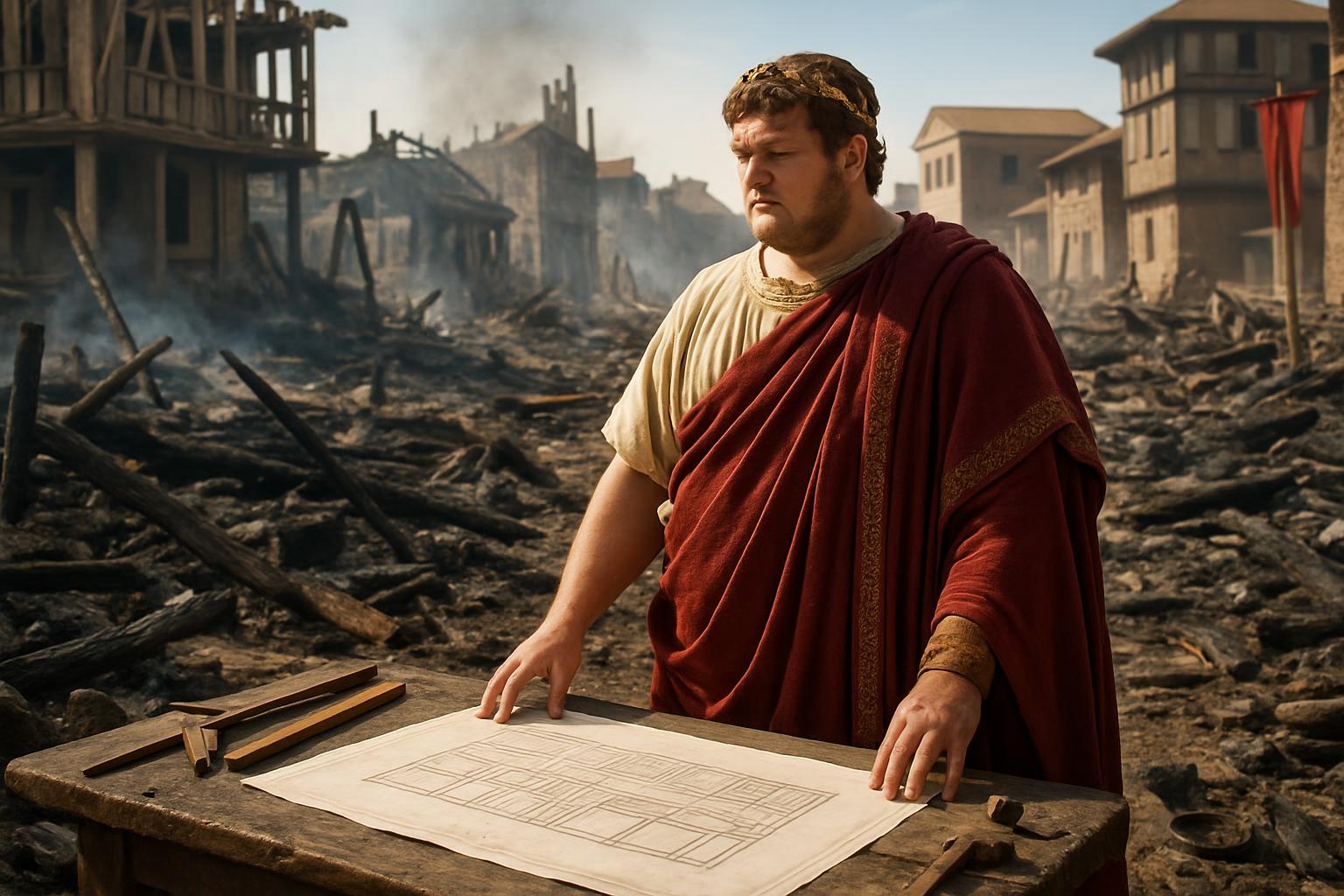 A man in a red-bordered toga leans over an architectural plan on a trestle table amid the smoking ruins of burnt timber buildings