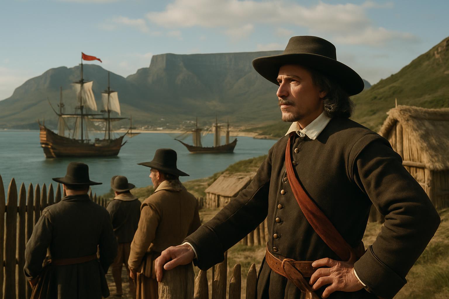 A man in a broad-brimmed hat looks out over a bay with a flat-topped mountain behind it, settlers at a palisade and ships at anchor