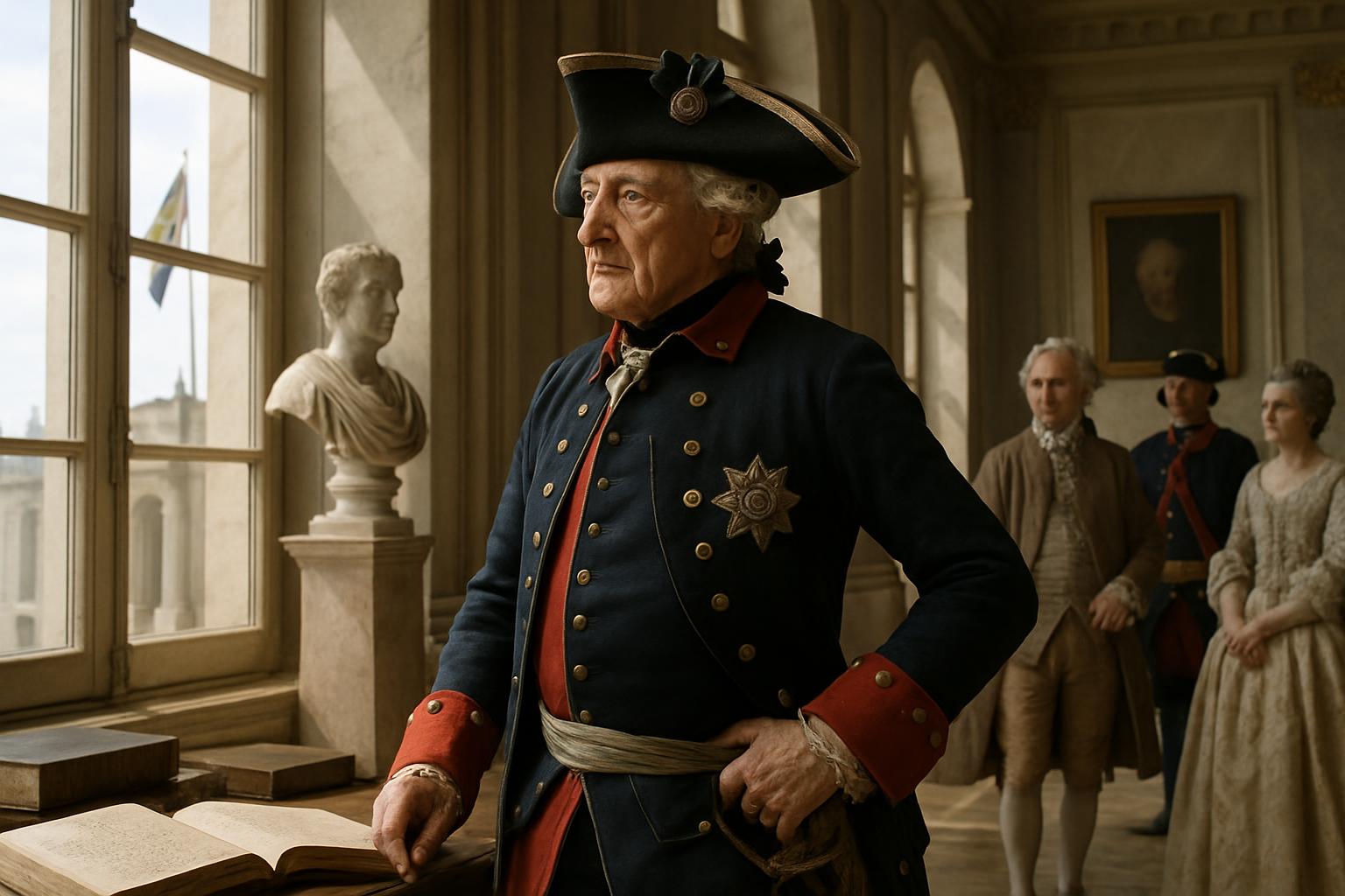An elderly king in a blue and red uniform with a breast star stands at a window beside an open book, courtiers waiting behind him