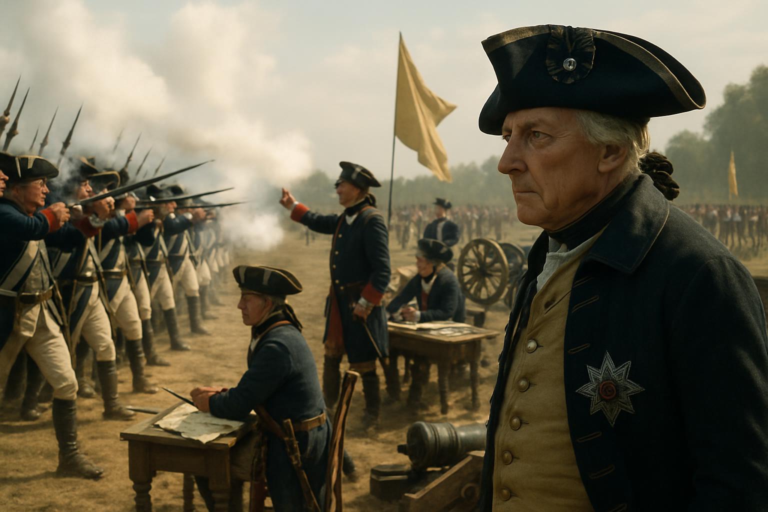 An elderly officer in a tricorne watches from a table of maps as ranked infantry fire a volley on a smoke-covered field