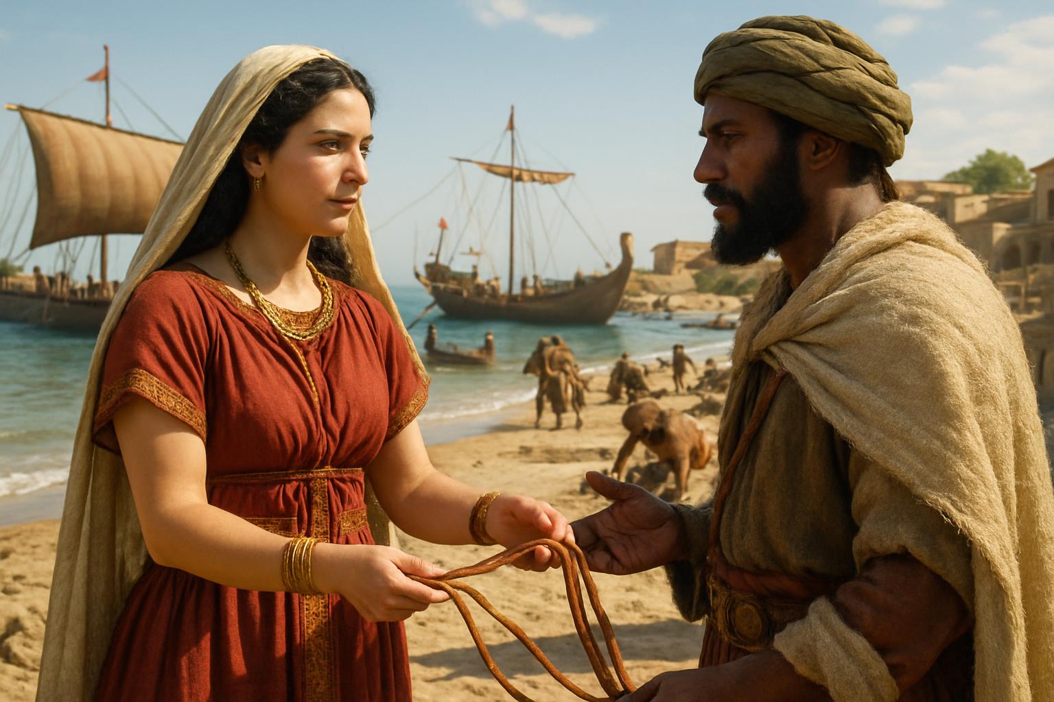 A woman in a red gown holds out a coiled leather cord to a man in a turban on a beach, ships drawn up and workers building behind them