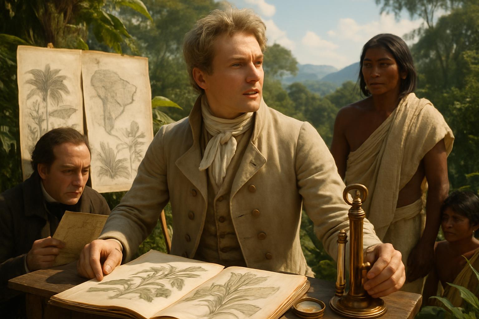 A man in a pale coat looks up from an open botanical folio and a brass instrument, an assistant and two local guides beside him under drawings of plants and a map