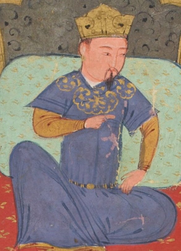 Manuscript painting of a ruler in a blue robe and gold crown seated cross-legged on a cushion against a plain ground