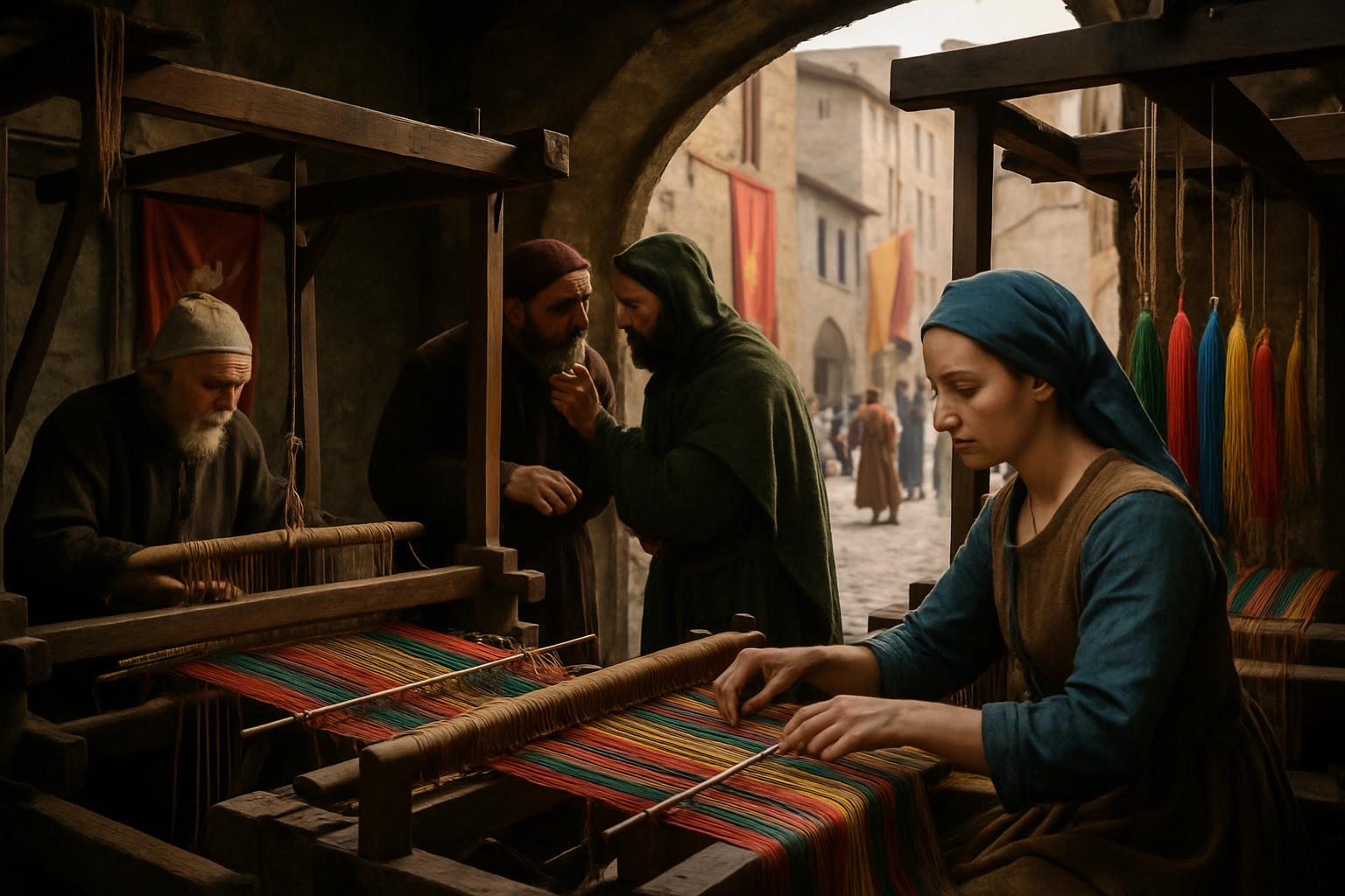 A young woman passes a shuttle through a broad loom of striped silk while an older weaver works beside her and merchants inspect cloth in the archway behind