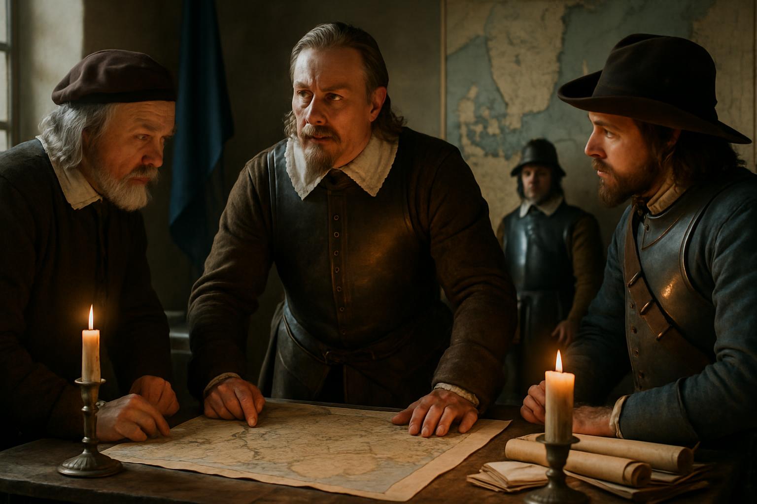 Three men in seventeenth-century dress lean over a large map spread between candles on a table, a wall map of the Baltic behind them