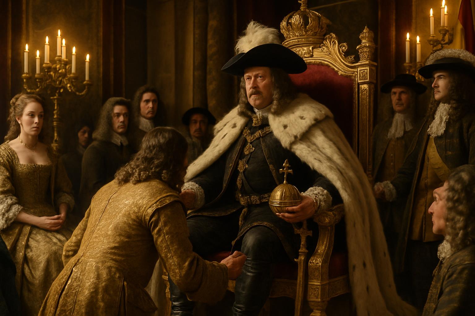 A king in ermine and a plumed hat sits enthroned holding an orb while a courtier kneels before him in a candlelit hall crowded with attendants