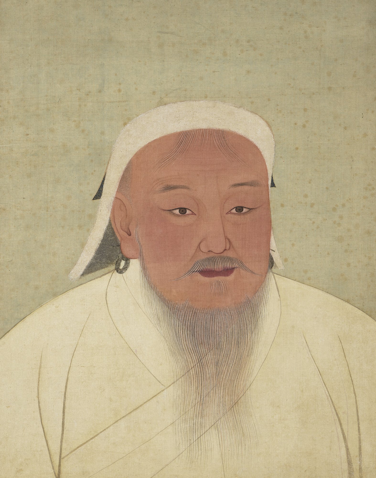 Painted portrait on pale silk of a bearded man in a white fur-trimmed cap and robe, shown from the chest up against a plain ground