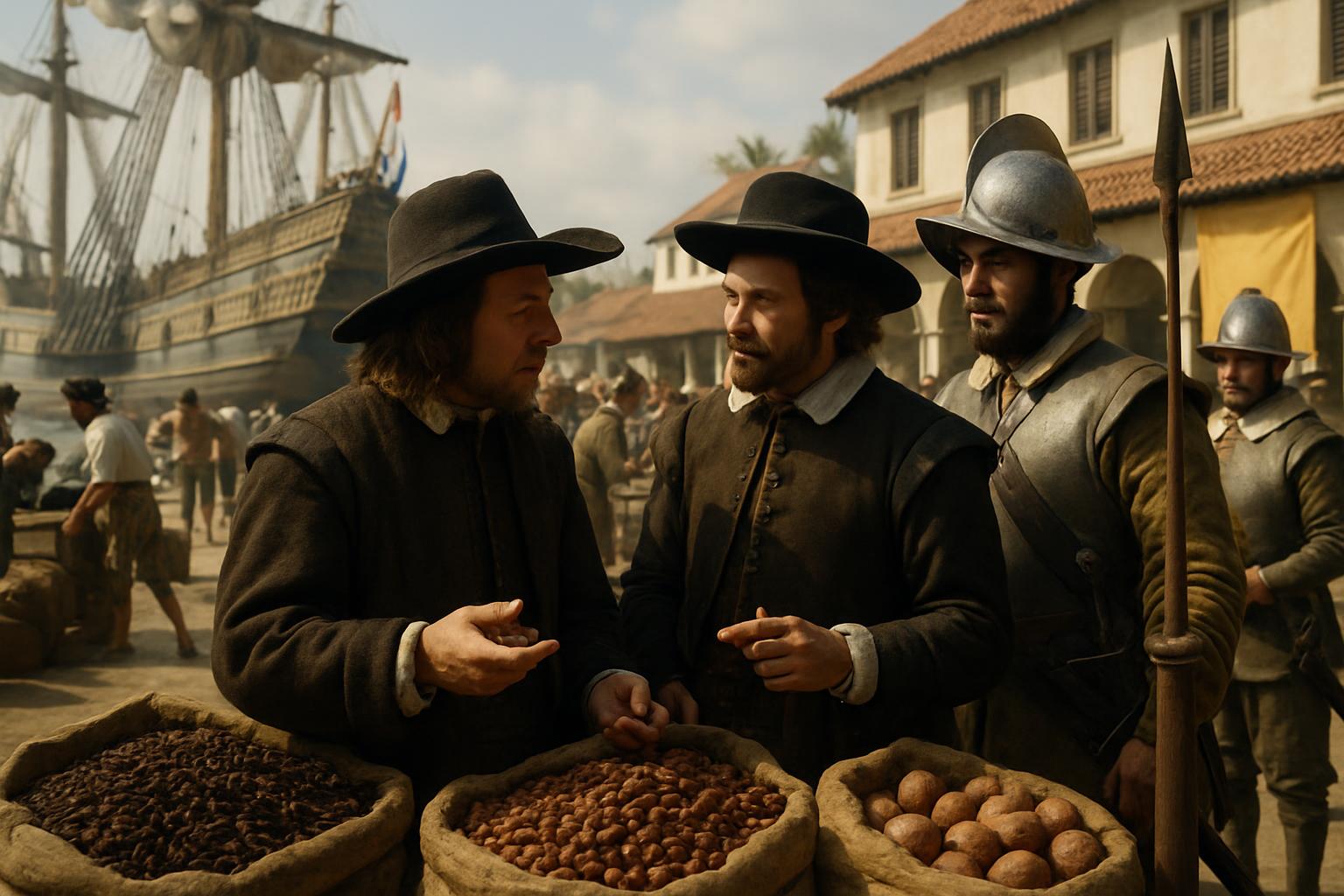 Men in dark hats and cloaks talk over open sacks of peppercorns and nutmeg on a quay, a pikeman beside them and a laden merchantman behind