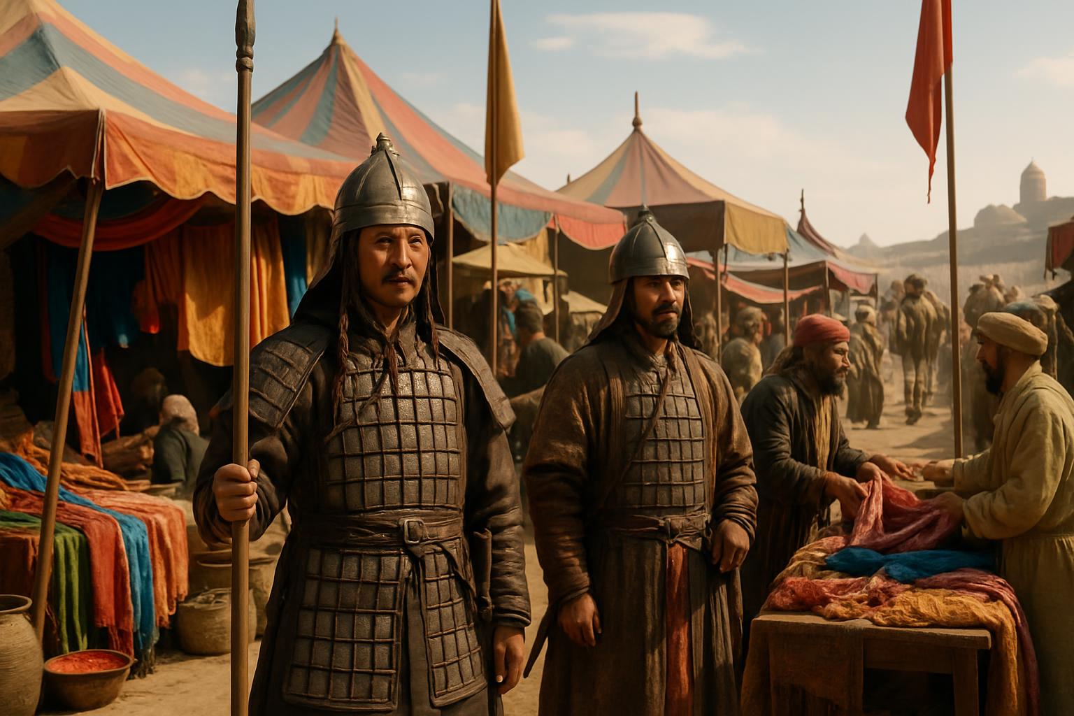 Two armoured horsemen in lamellar and helmets walk through a market of striped awnings where traders lay out coloured cloth