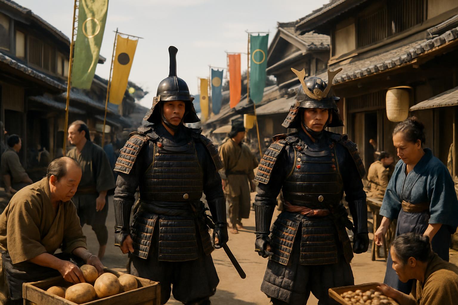 Two samurai in black lacquered armour walk down a street of shopfronts hung with banners while townspeople set out baskets of produce