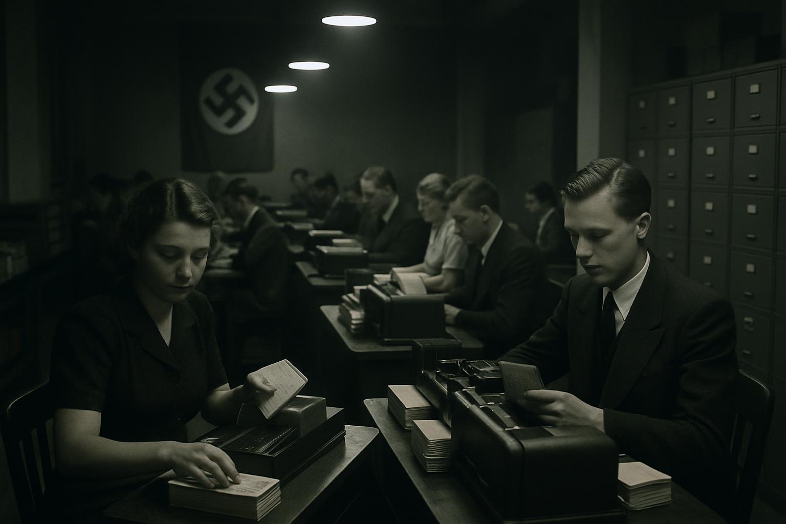A dim office of clerks at card-punch machines and filing cabinets, a swastika banner on the far wall